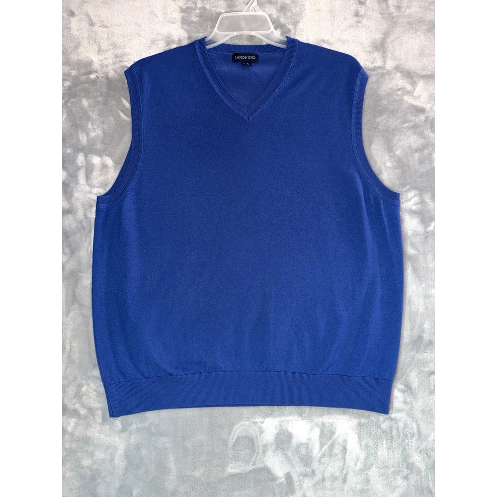 Lands' End‎ Blue Sweater Vest Mens XL  V-Neck Knit Pullover Acrylic Nylon